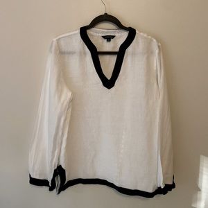 Lands End White Linen tunic with navy blue trip.